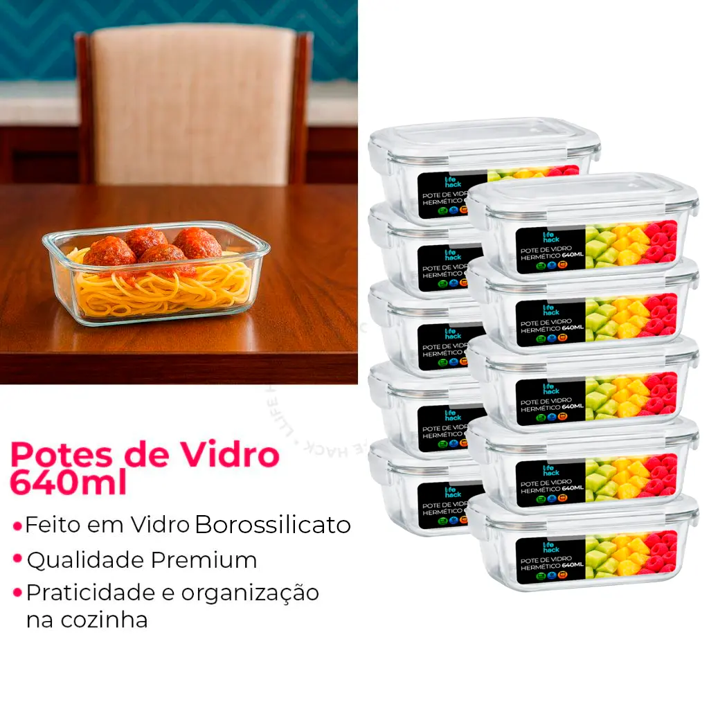 Conjunto de Potes Herméticos de Vidro 370/640/1040ML